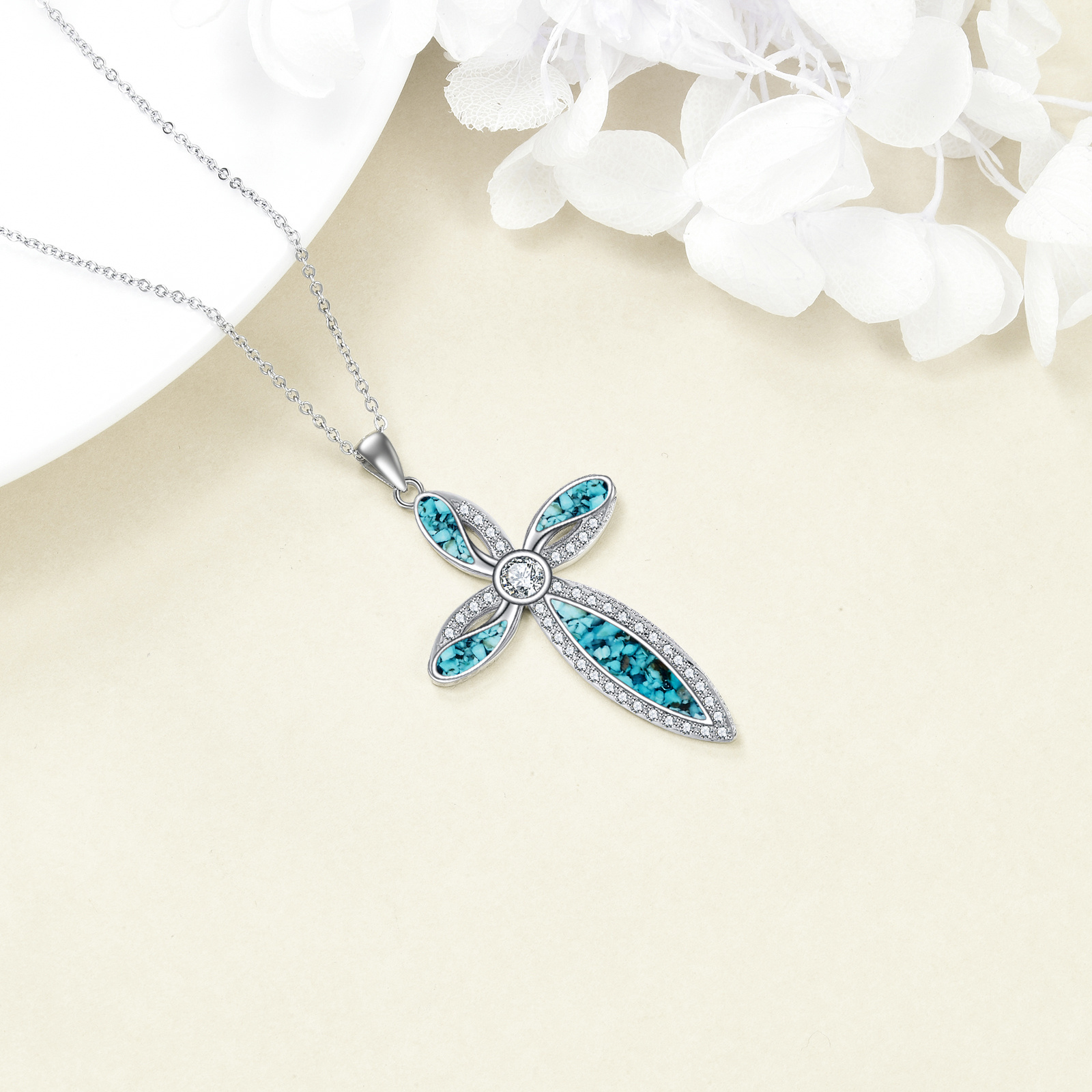 Women's 925 Sterling Silver Necklace with Turquoise Cross